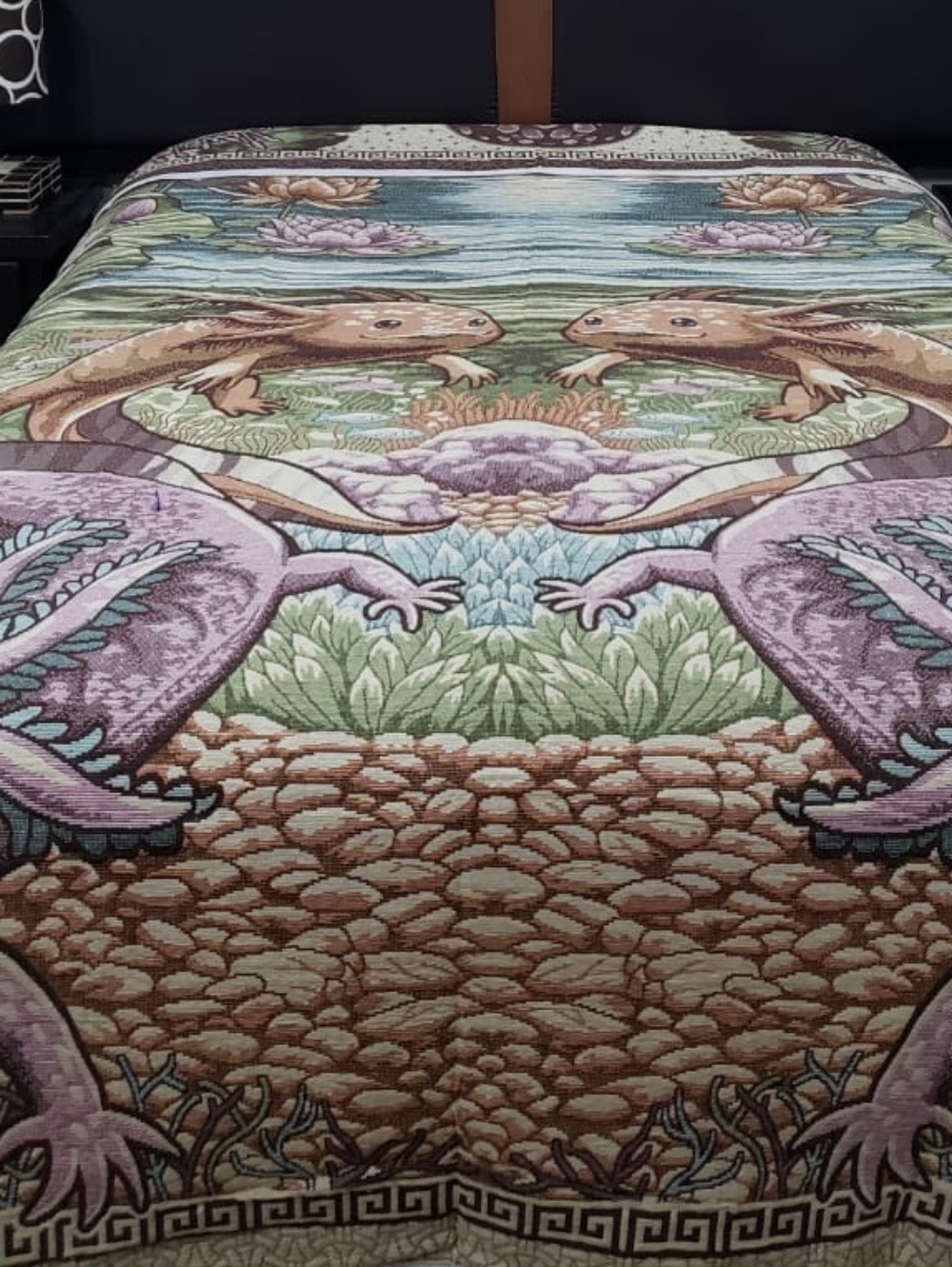 Beautiful Axolotl Design Bedspread in Green, Purple & Brown
